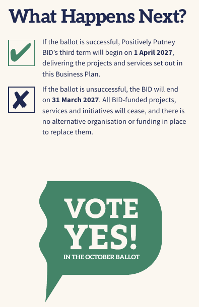 What happens next: a successful ballot starts BID3 on 1 April 2027; an unsuccessful ballot ends the BID on 31 March 2027